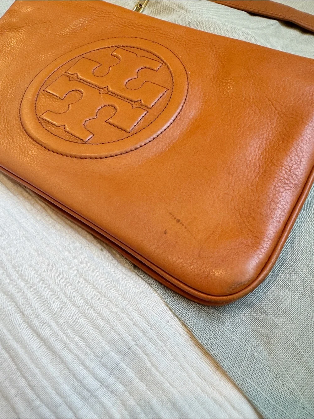 Tory Burch Cognac Leather Logo Clutch with Gold Chain